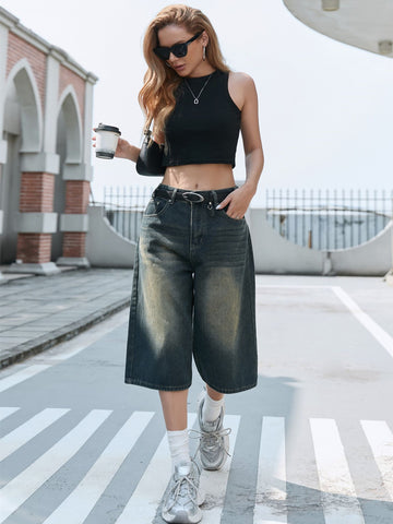 Vintage Wash Wide Leg Denim Shorts