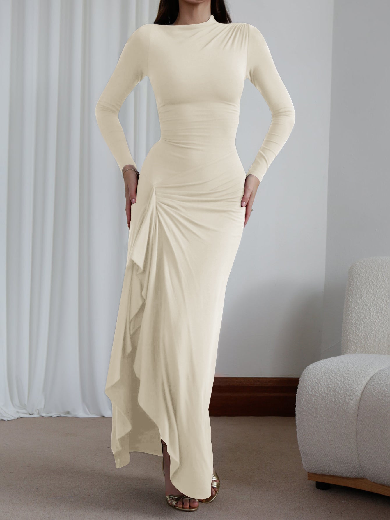 Long Sleeve Ruched Maxi Evening Dress-Multicolor
