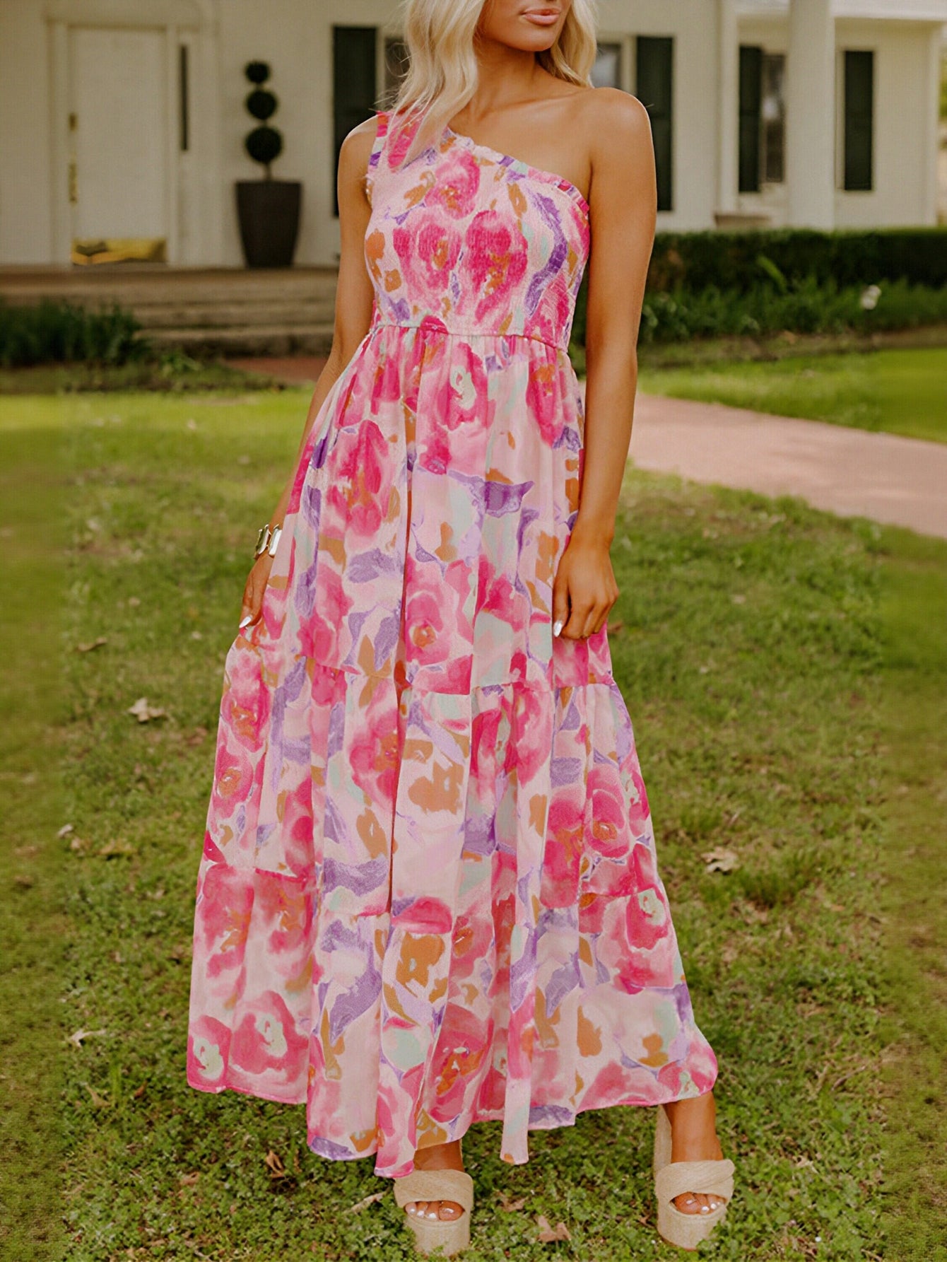 One Shoulder Floral Maxi Dress