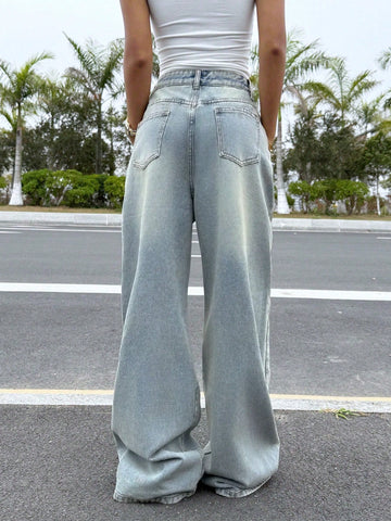 Studded Wide Leg Denim Jeans