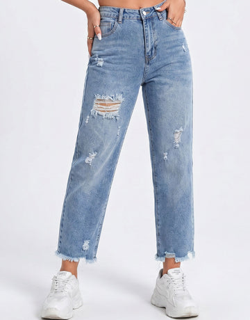 Distressed High Waisted Straight Jeans