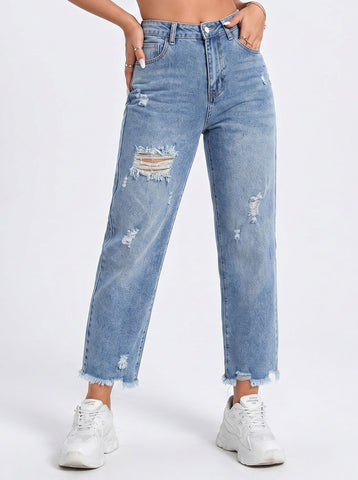 Distressed High Waisted Straight Jeans