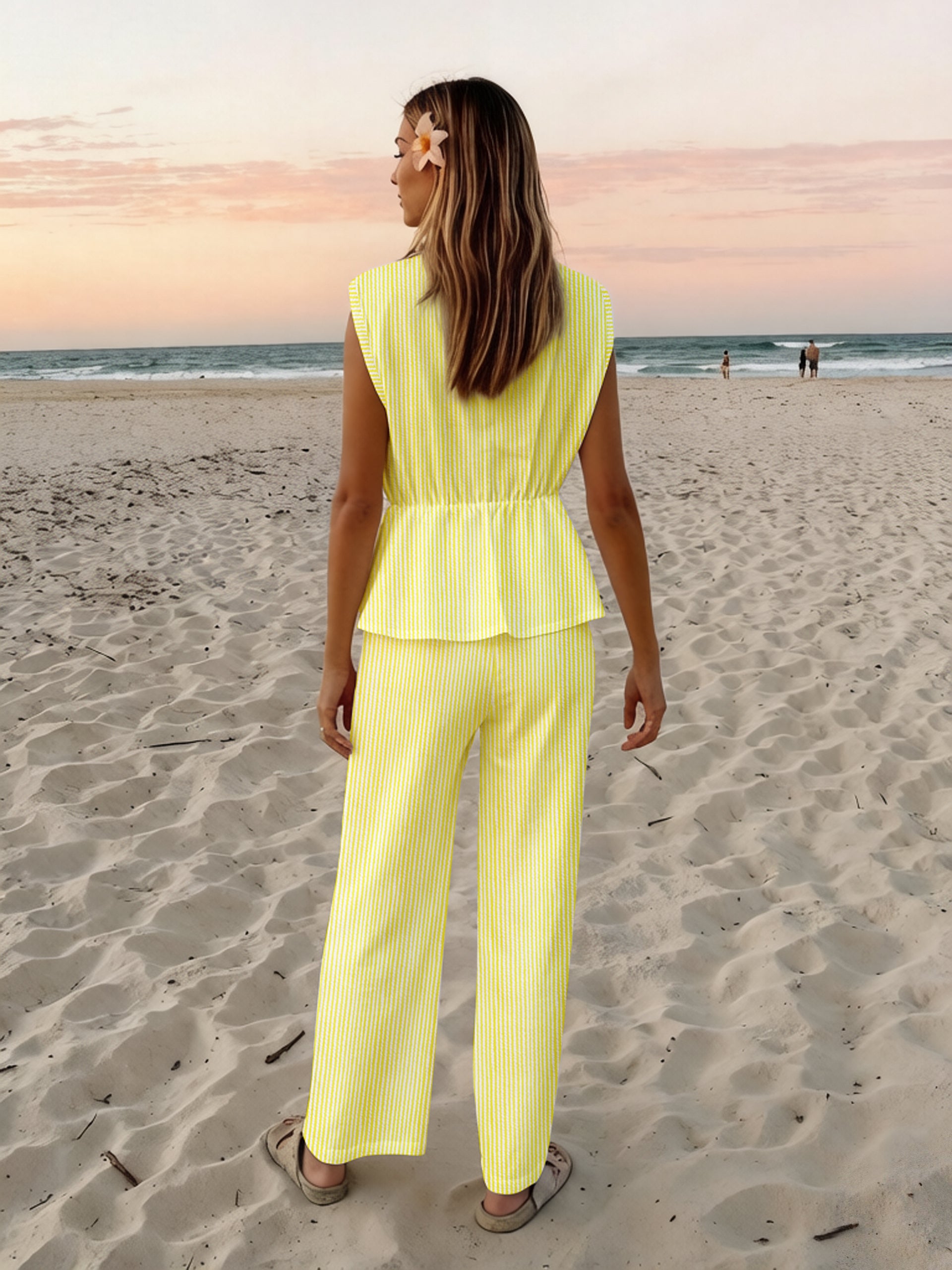 Yellow Striped Sleeveless Pants Set