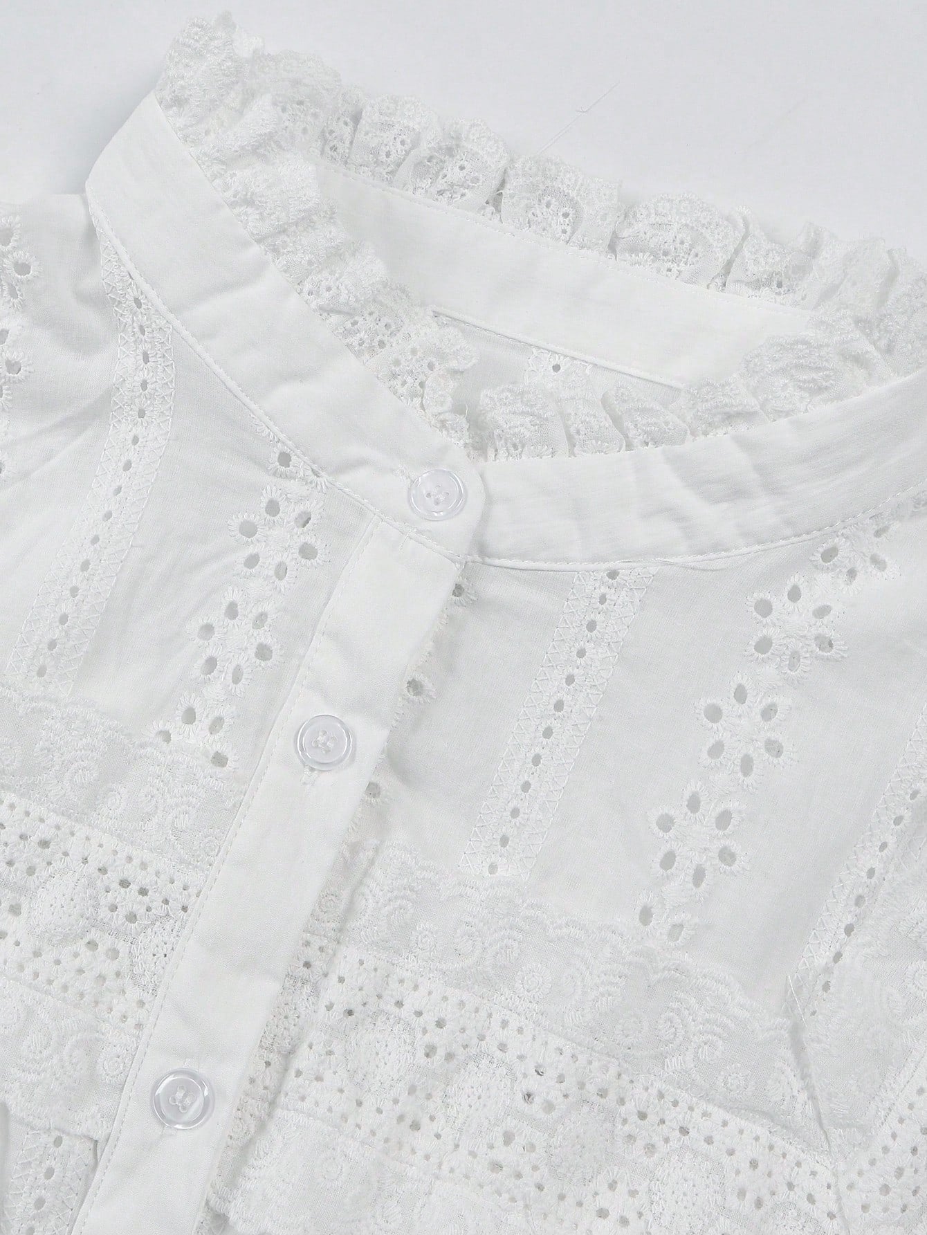 Three-quarter Sleeve Eyelet Detail Romantic Blouse-White