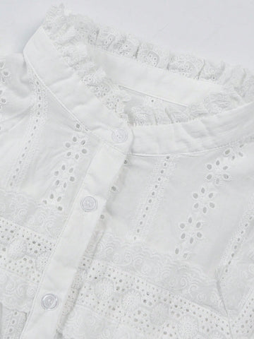 Three-quarter Sleeve Eyelet Detail Romantic Blouse-White