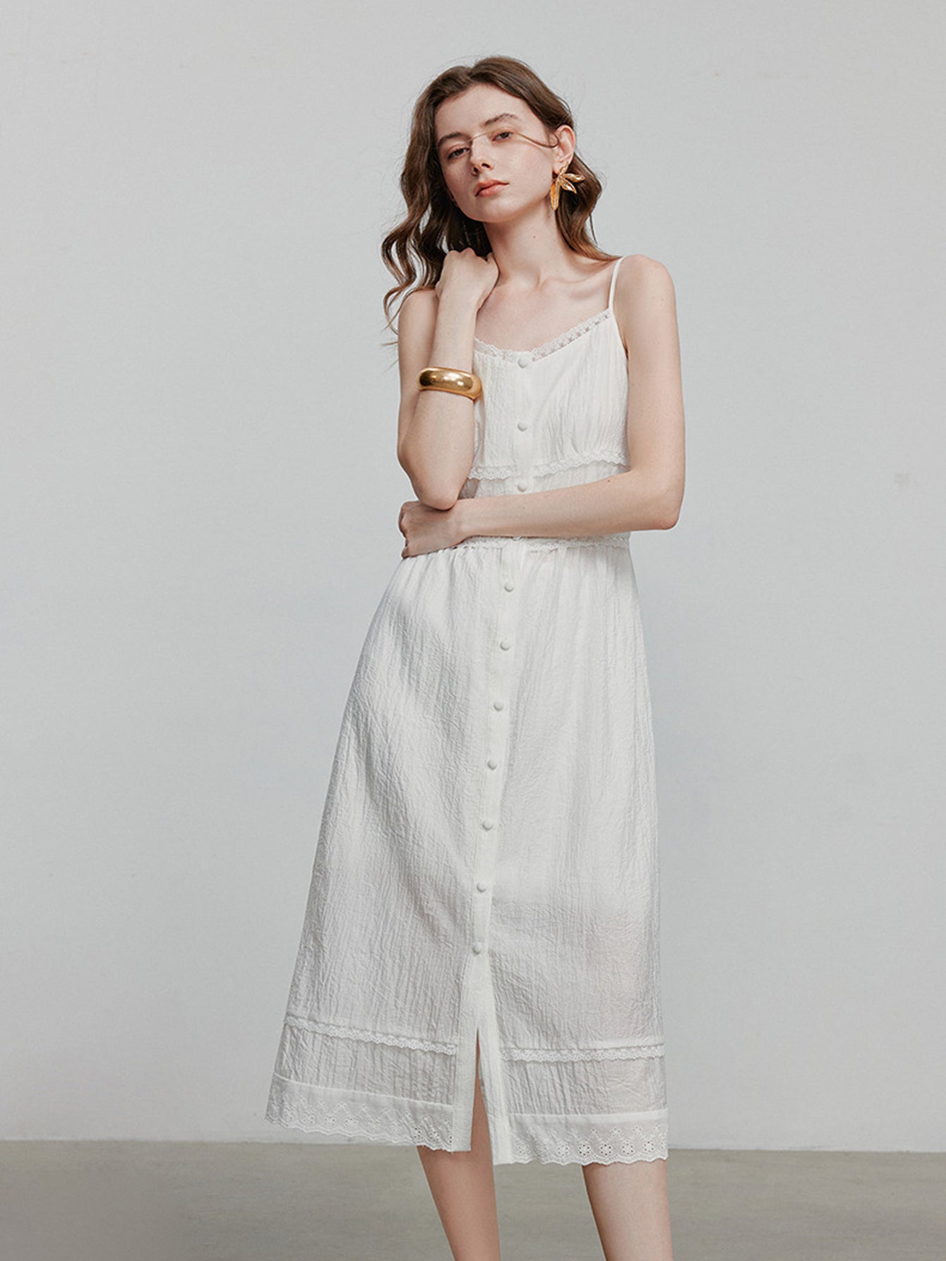 Lace Trim Button Front Sleeveless Midi Dress