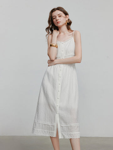 Lace Trim Button Front Sleeveless Midi Dress