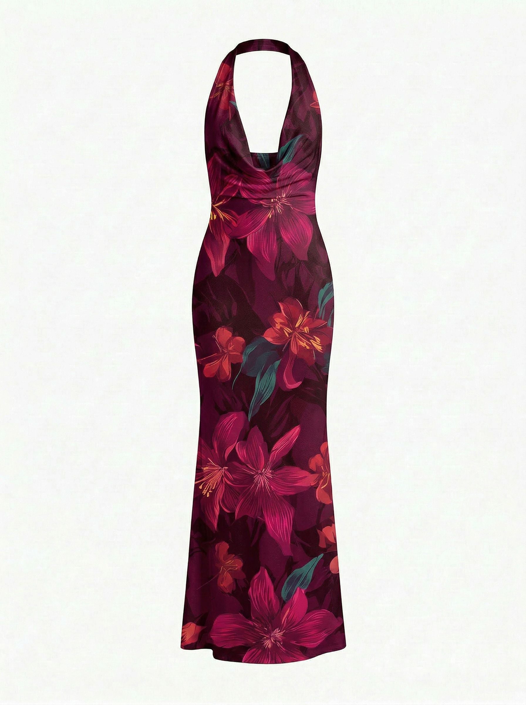 LILA Floral Print Cowl Neck Bodycon Midi Dress