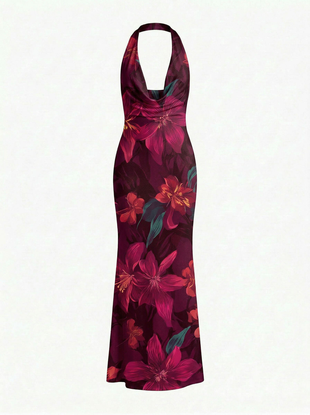 LILA Floral Print Cowl Neck Bodycon Midi Dress