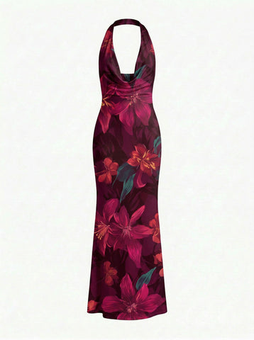 LILA Floral Print Cowl Neck Bodycon Midi Dress