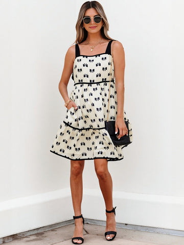 Bow Print Tiered Mini Dress
