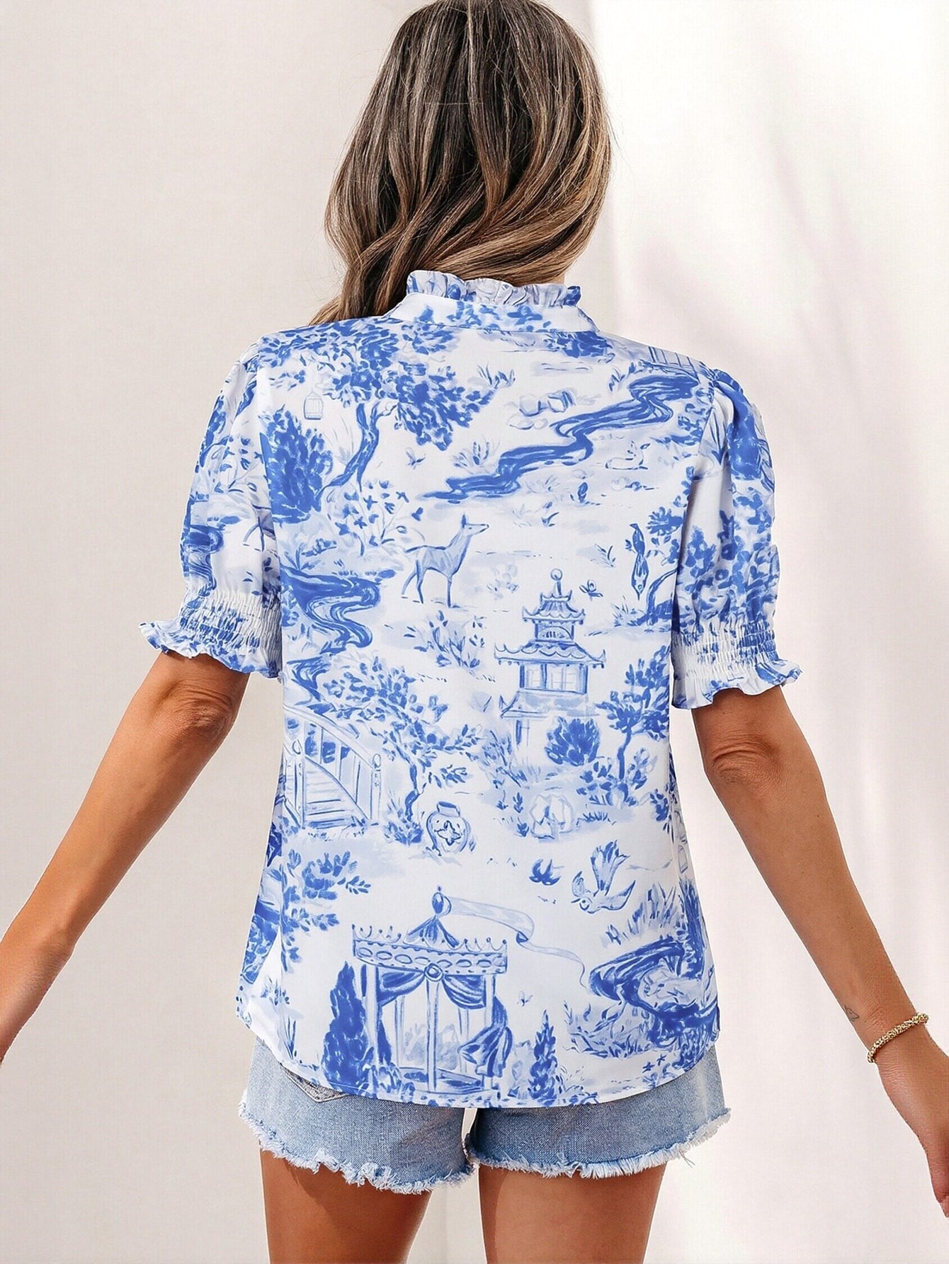 Smocked Floral Print Chiffon Blouse