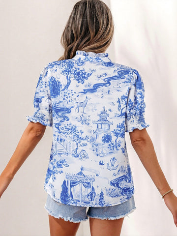 Smocked Floral Print Chiffon Blouse