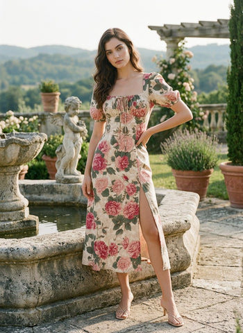 Floral Print Puff Sleeve Tie MidiDress