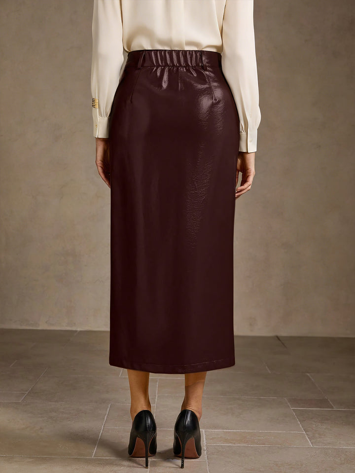 High Waisted Faux Leather Midi Skirt