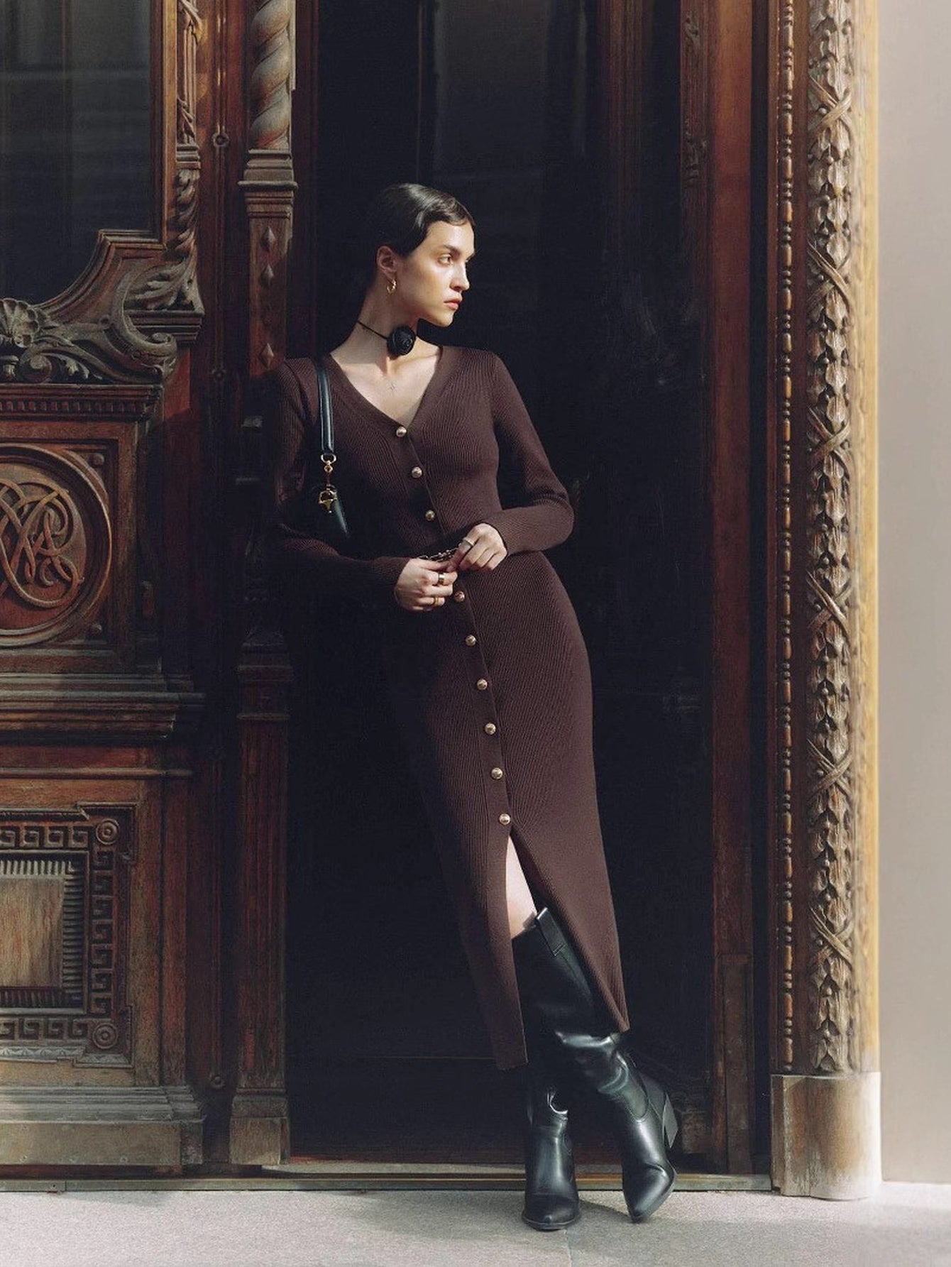 Elegant Button Down Ribbed Knit Dress