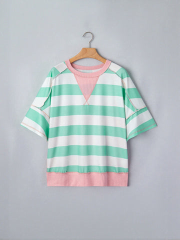 Oversized Striped Contrast Trim T Shirt