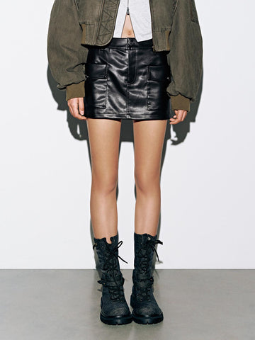 Urban Revivo Faux Leather Straight Mini Skirts-Black