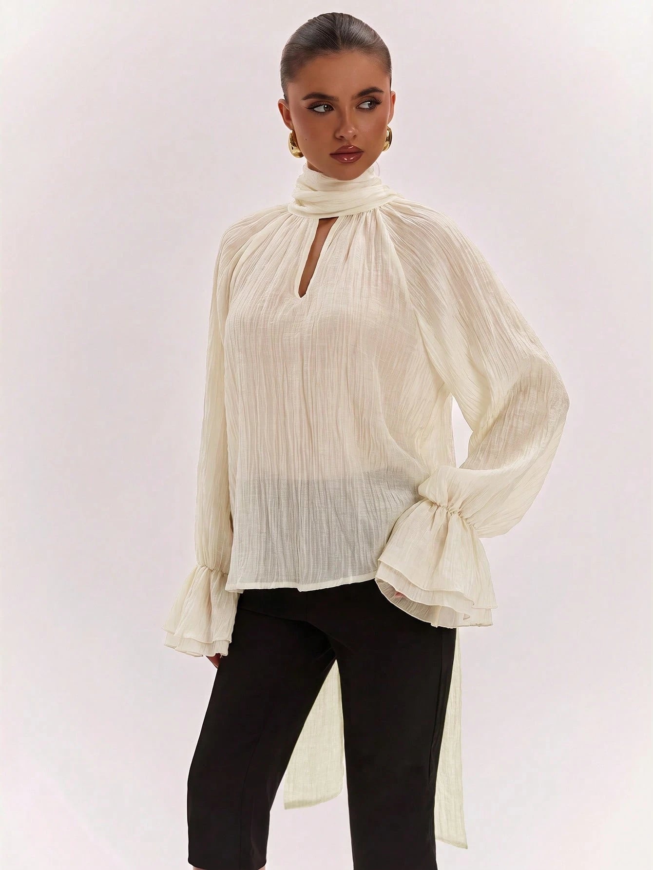 Elegant High Neck Bell Sleeve Blouse