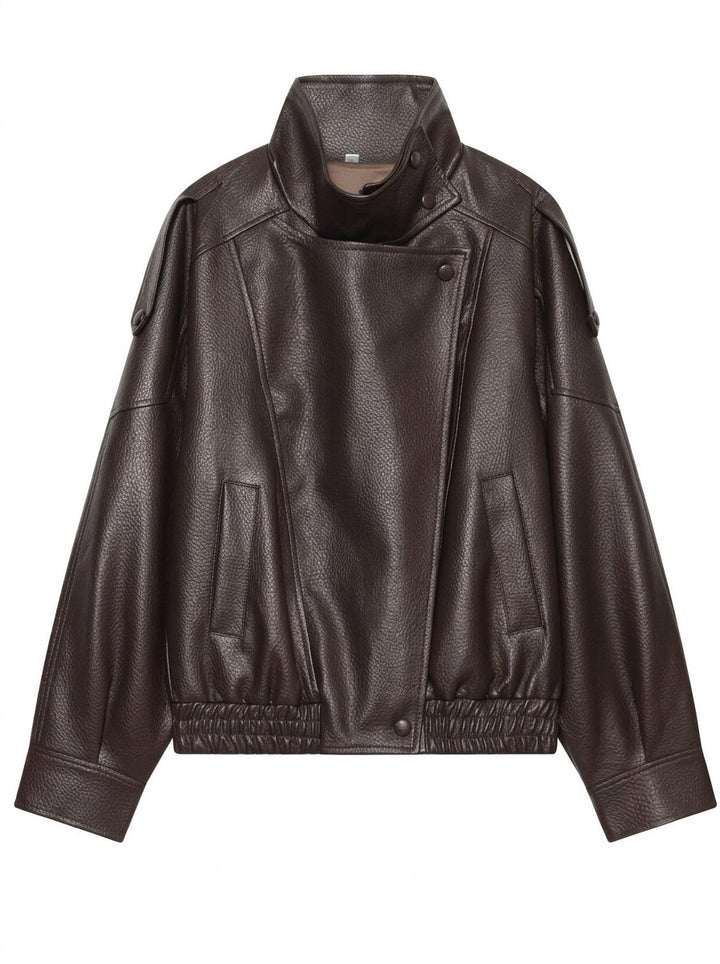 Oversized Brown Faux Leather Bomber Jacket