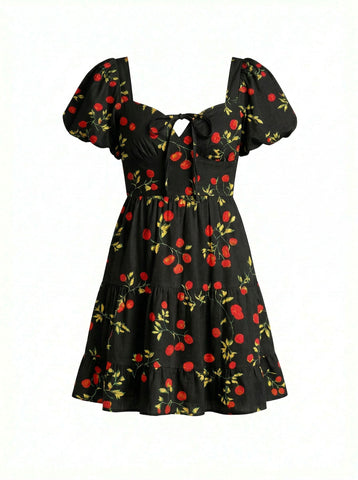 AYLA Floral Print Puff Sleeve Tiered Mini Dress