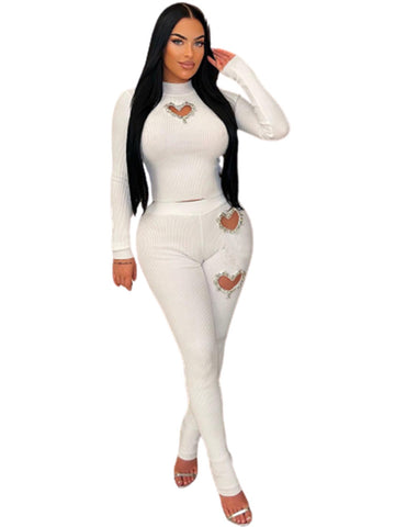 Rhinestone Heart Ribbed Pants Set