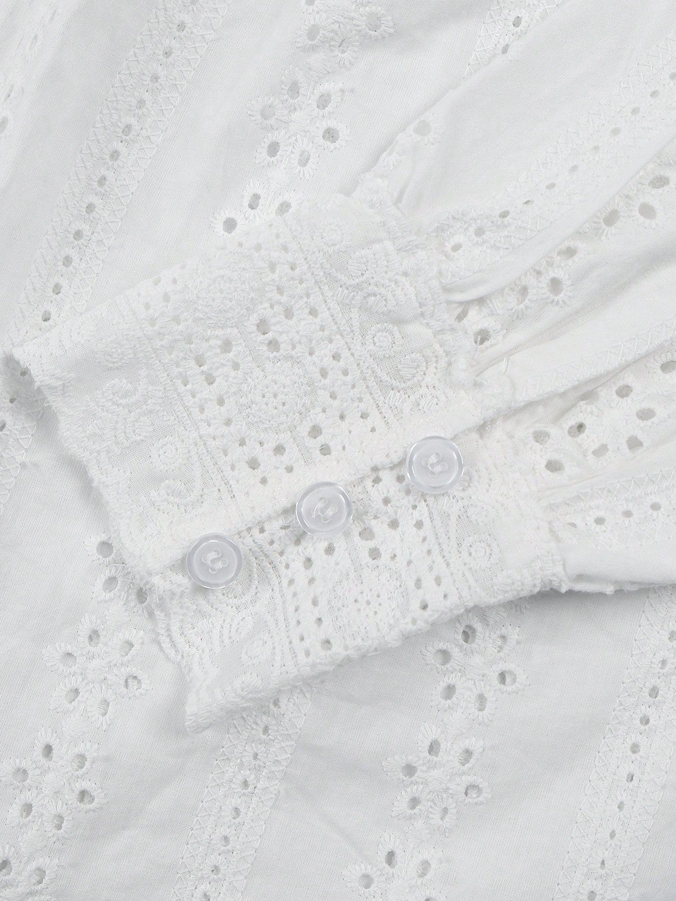 Three-quarter Sleeve Eyelet Detail Romantic Blouse-White
