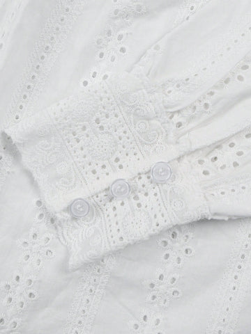 Three-quarter Sleeve Eyelet Detail Romantic Blouse-White