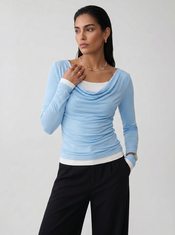 Layered Cowl Neck Long Sleeve T-shirt