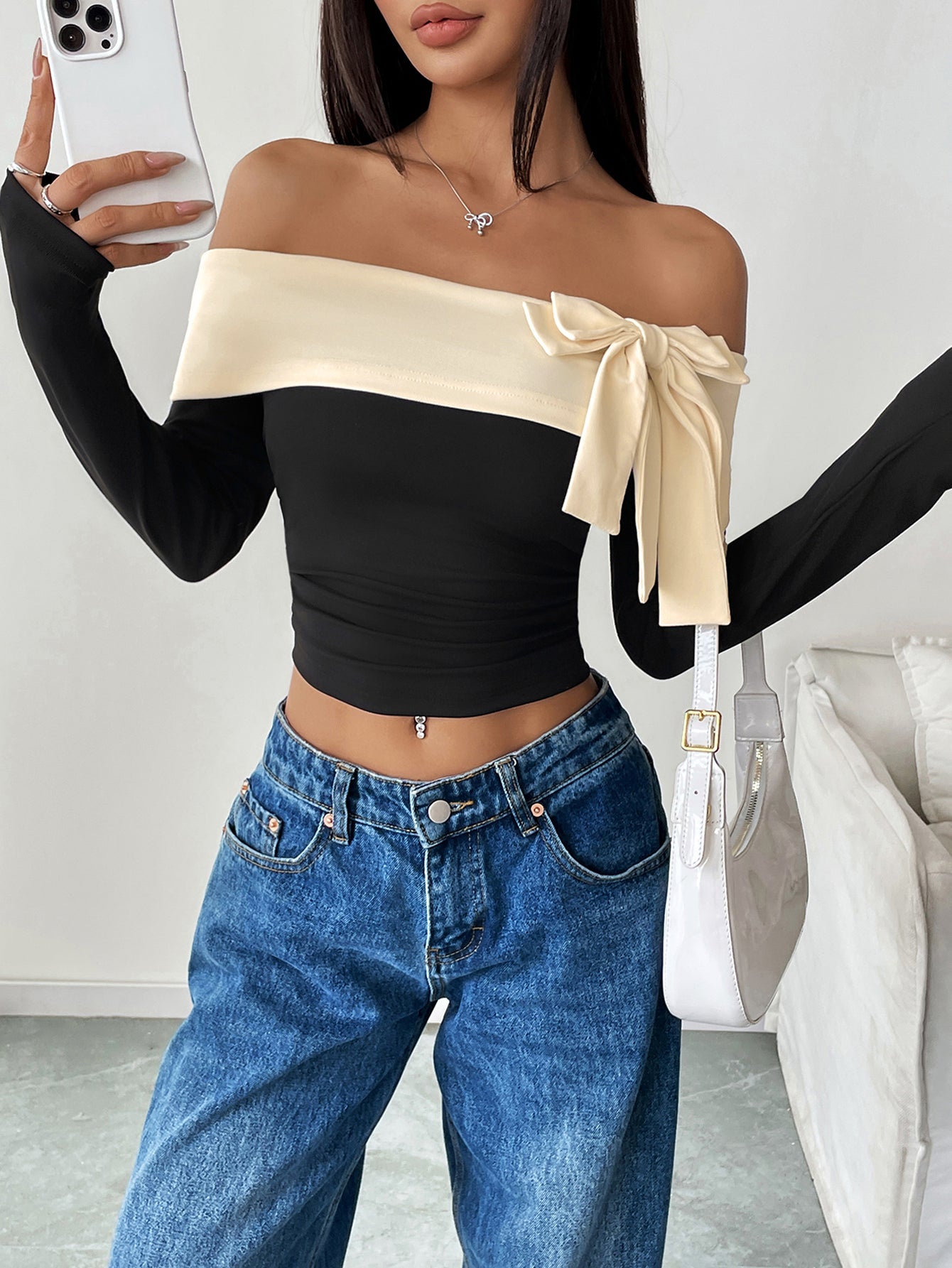 Off Shoulder Bow-Front Flirty T-Shirt