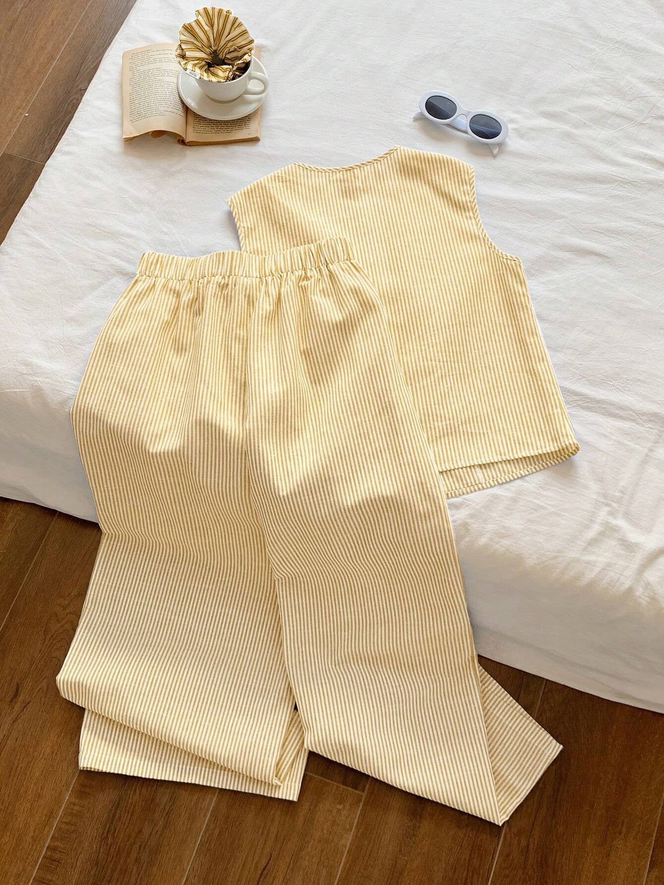 Drawstring Sleeveless Top Wide-Leg Pants Casual Set-Yellow