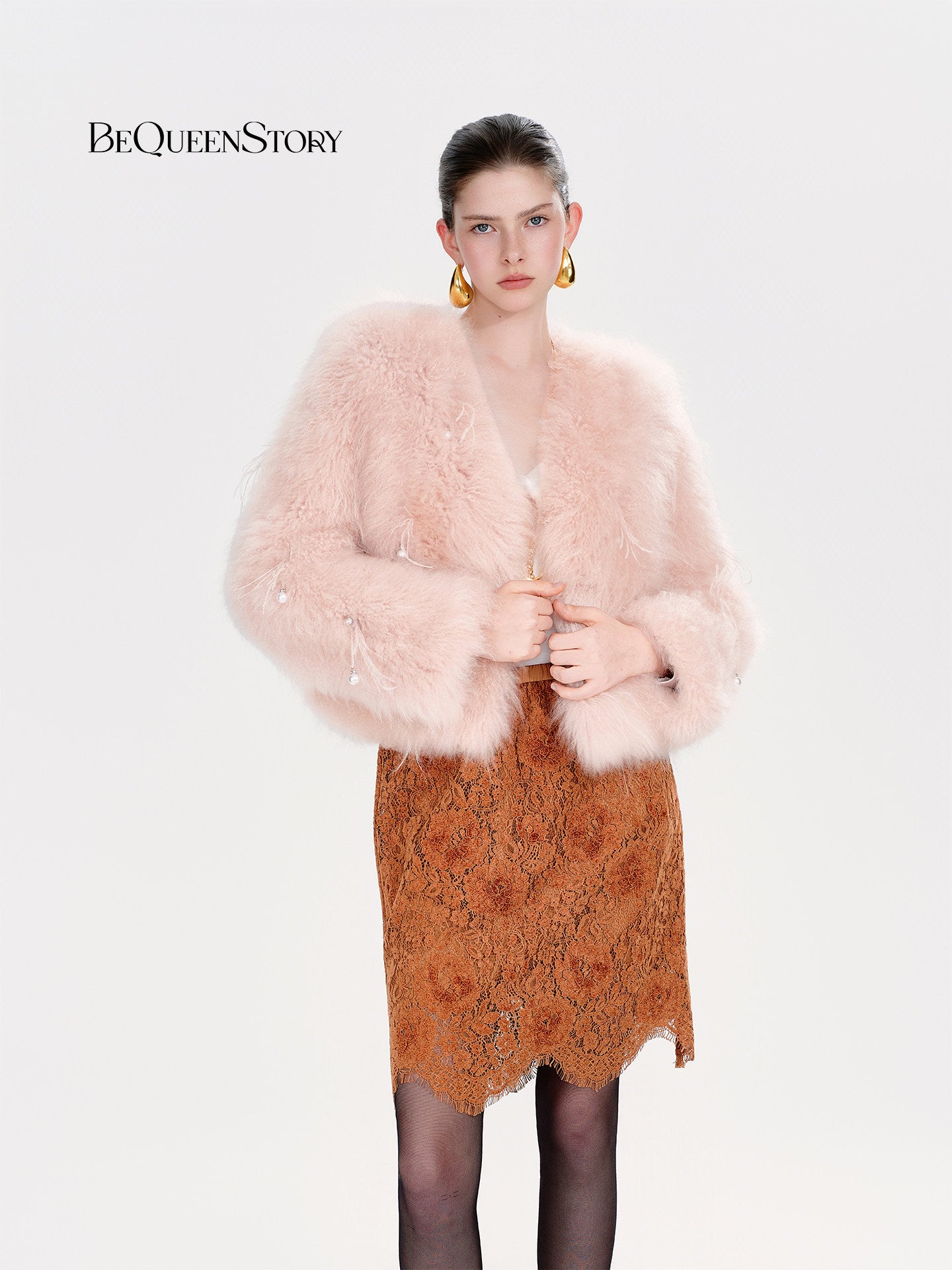 Plush Pink Feather Trim Fur Coat