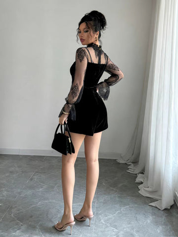 Black Velvet Lace Accented Jumpsuit