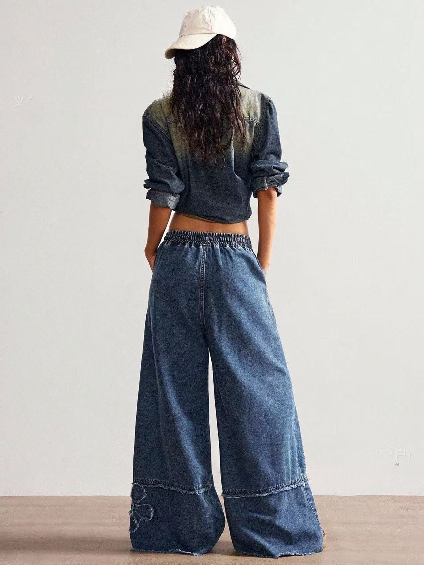 Floral Applique Drawstring Wide Leg Jeans