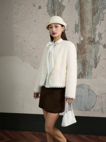 Cozy Textured Lace Trim Fleece Jacket