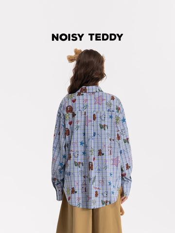 Oversized Plaid Doodle Print Button Up Shirt