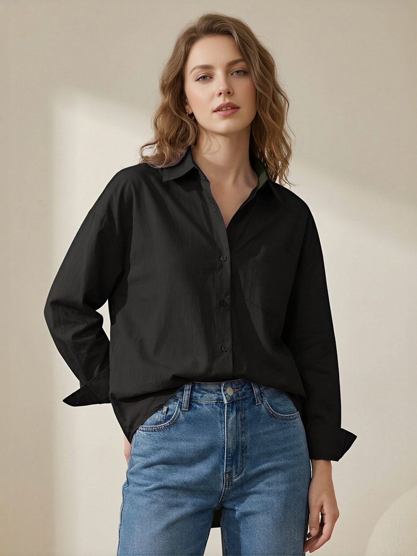Classic Collar Long Sleeve Chest Pocket Classic Shirt-Blue
