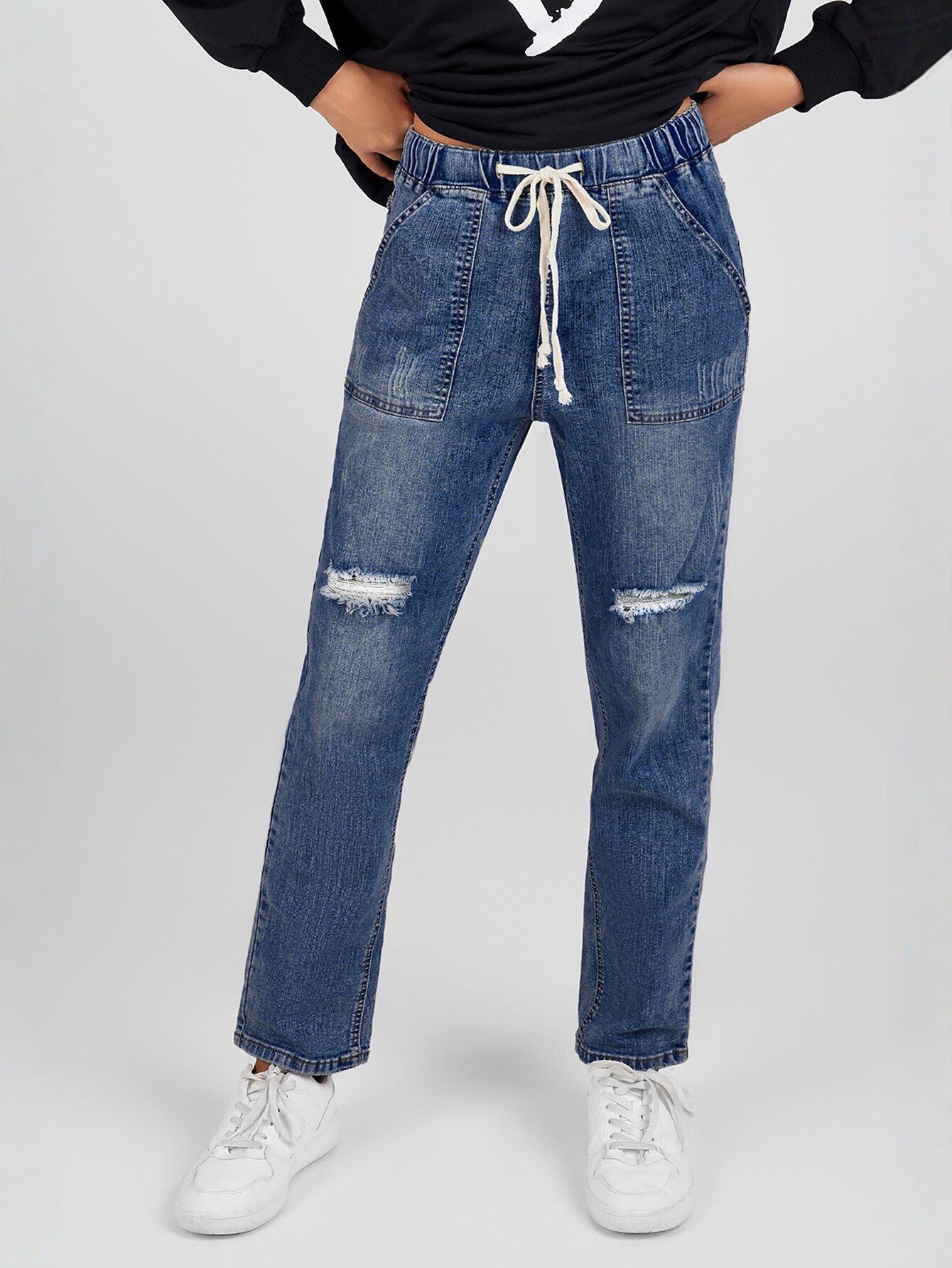 High Waist Drawstring Detail Jeans