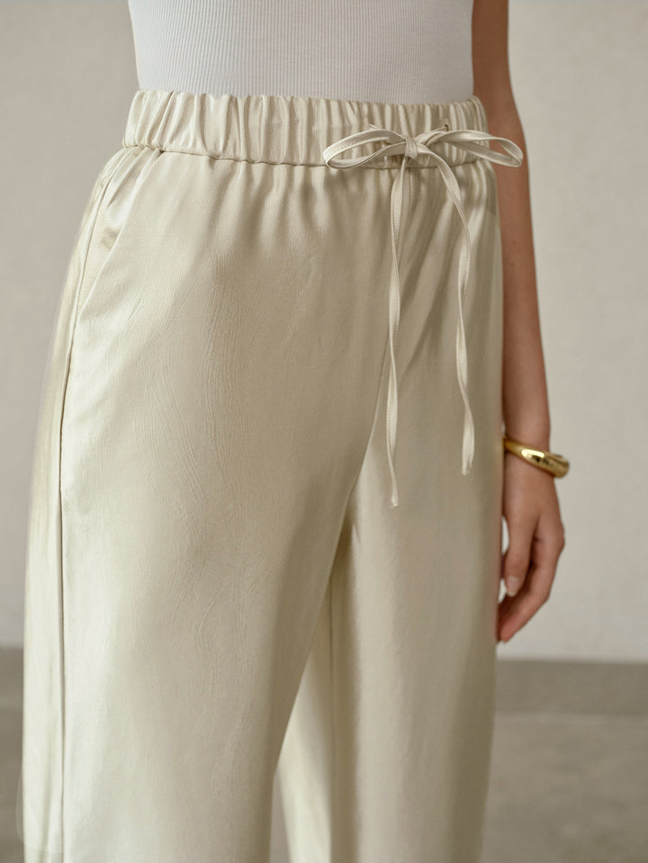 Satin Drawstring High Waisted Wide Pants