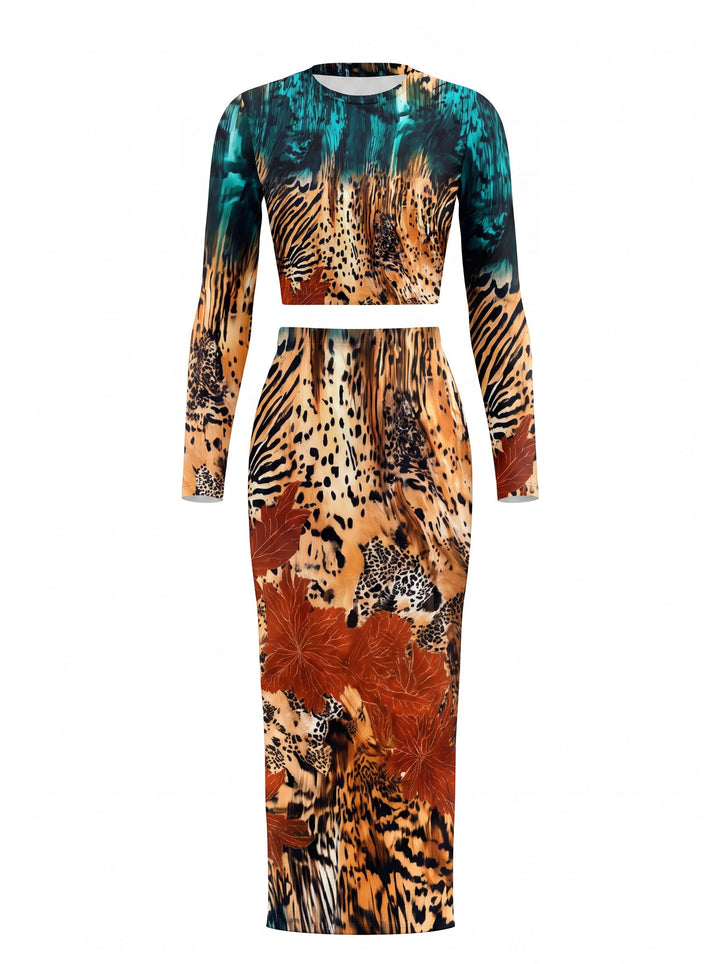 Mixed Leopard Print Maxi Skirt Set