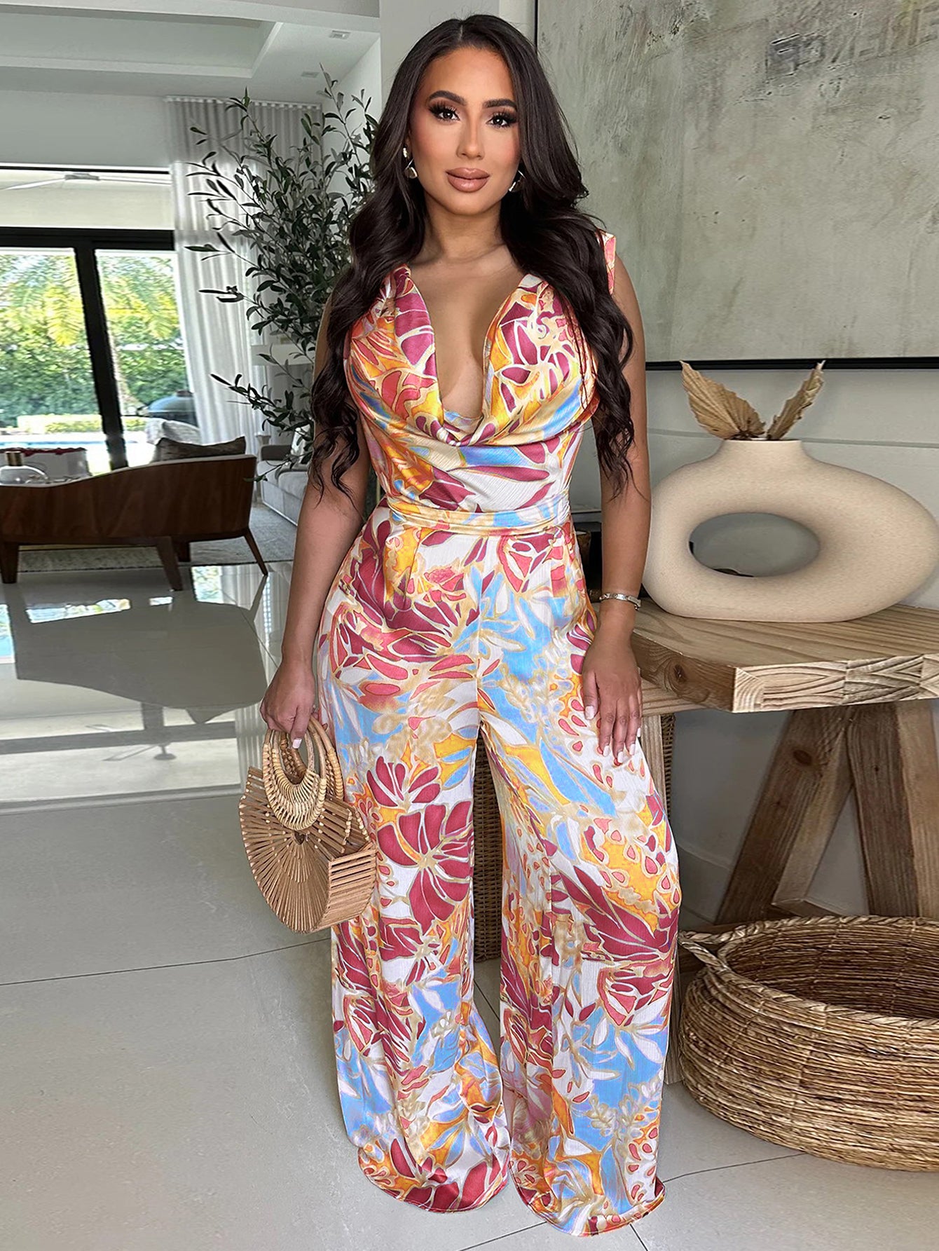 Deep V Neck Floral Print Elegant Jumpsuit