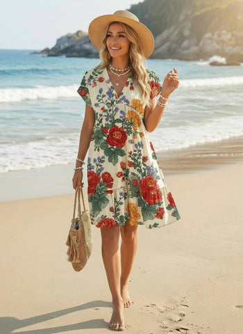 EVA Floral Print V Neck Tiered Babydoll Mini Dress