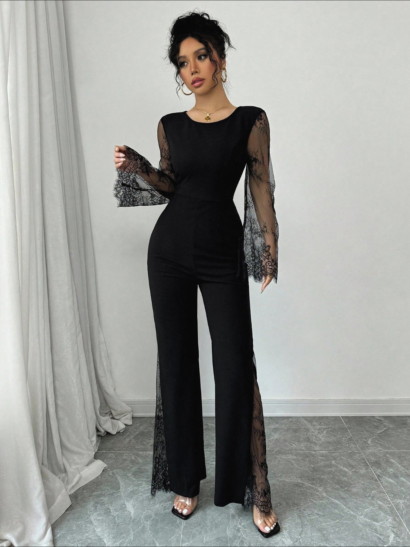 Sheer-Lace Sleeve Side-Lace Sexy Jumpsuit-Black