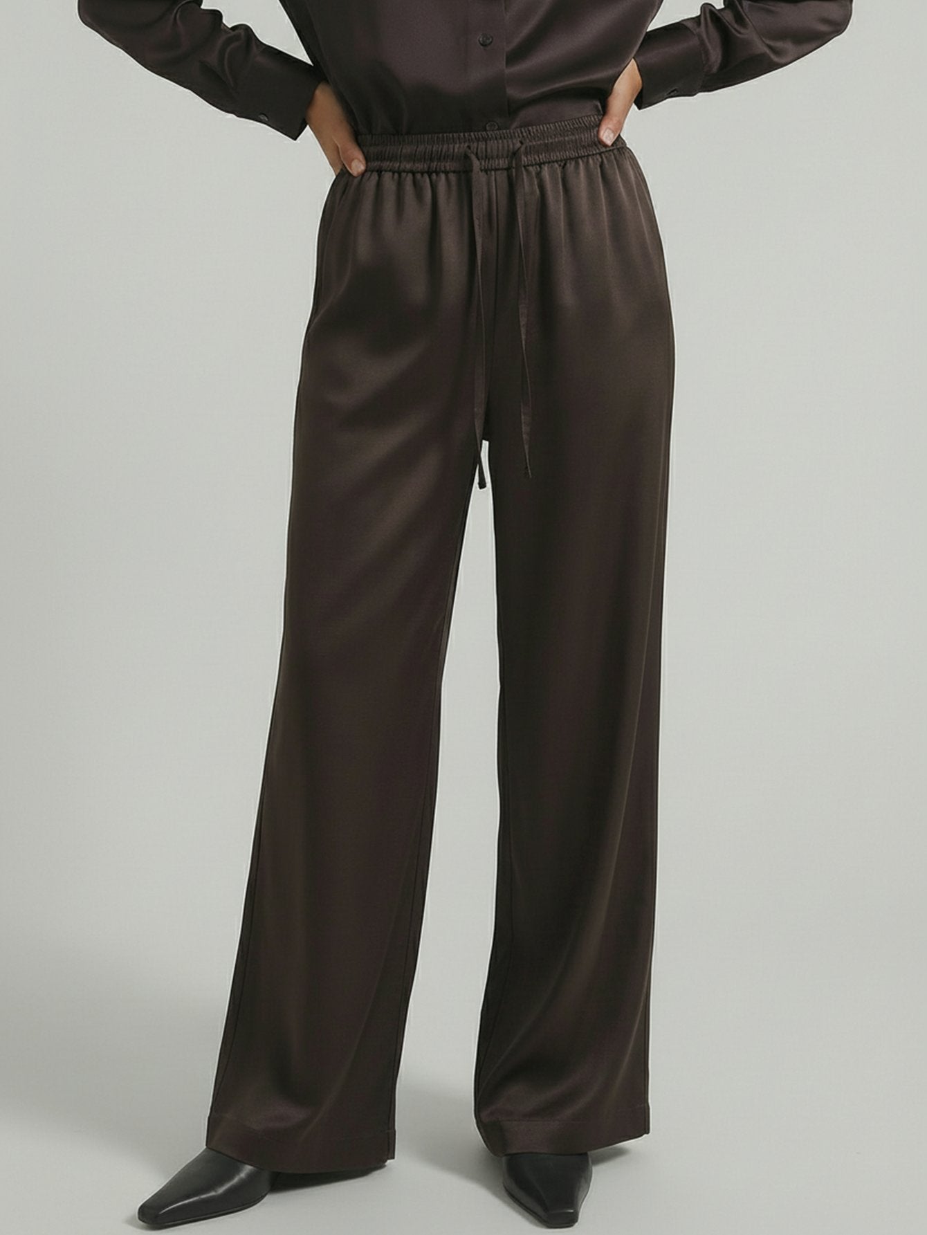 SAÏA Drawstring Waist Wide-Leg Casual Pants-Dark Gray