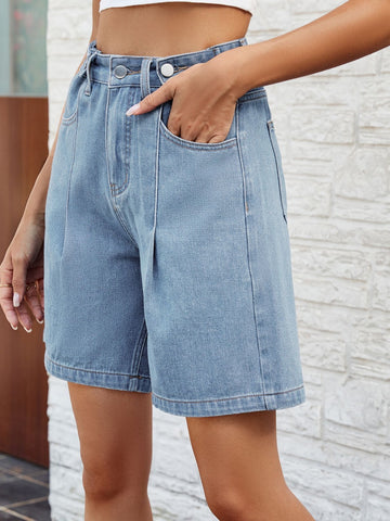 High Waisted Pleated Denim Shorts