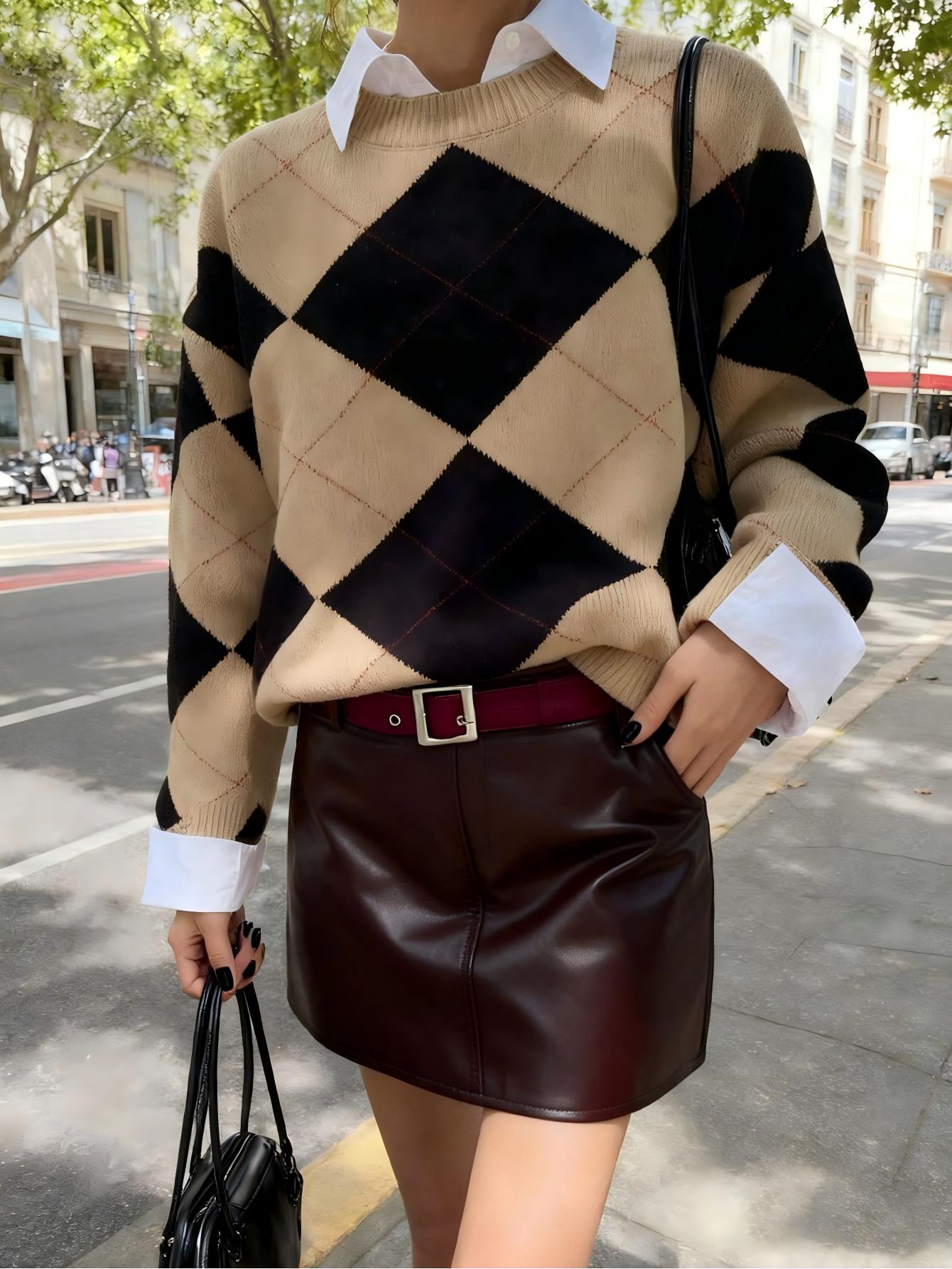 Oversized Argyle Pattern Crewneck Sweater