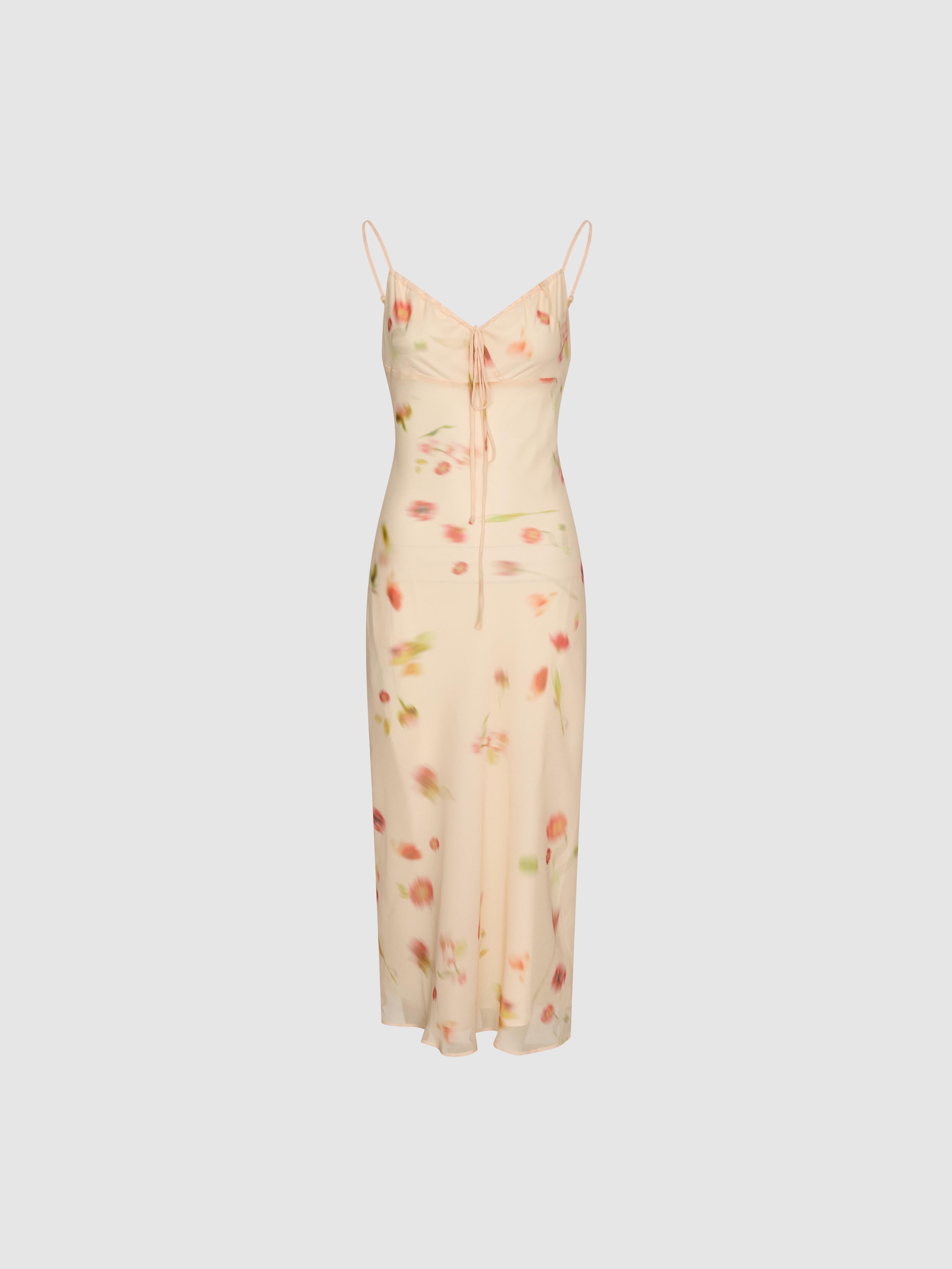 Urban Revivo Floral Printed Strappy Drawstring Skinny-Fit A-Line Midi Dresses