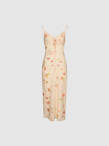 Urban Revivo Floral Printed Strappy Drawstring Skinny-Fit A-Line Midi Dresses