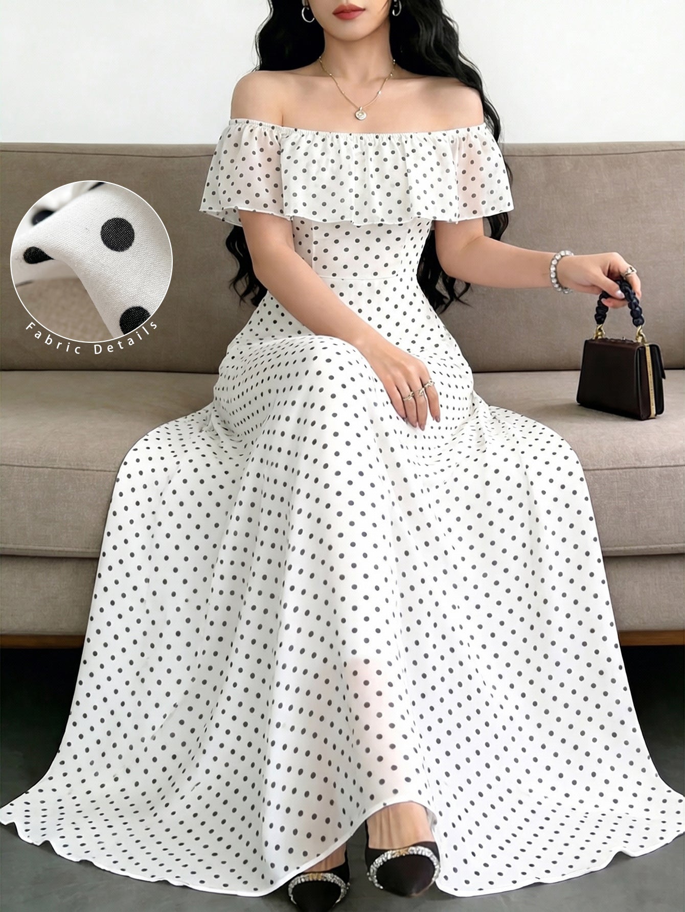 Off Shoulder Polka Dot Midi Dress