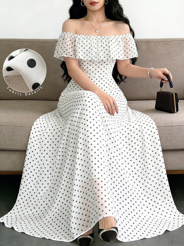 Off Shoulder Polka Dot Midi Dress